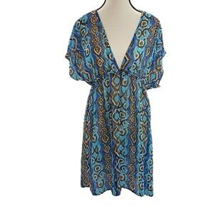 Gianni Bini Swim Cover Up Blue Sheer Geometric Short Sleeve Pullover V Neck M
